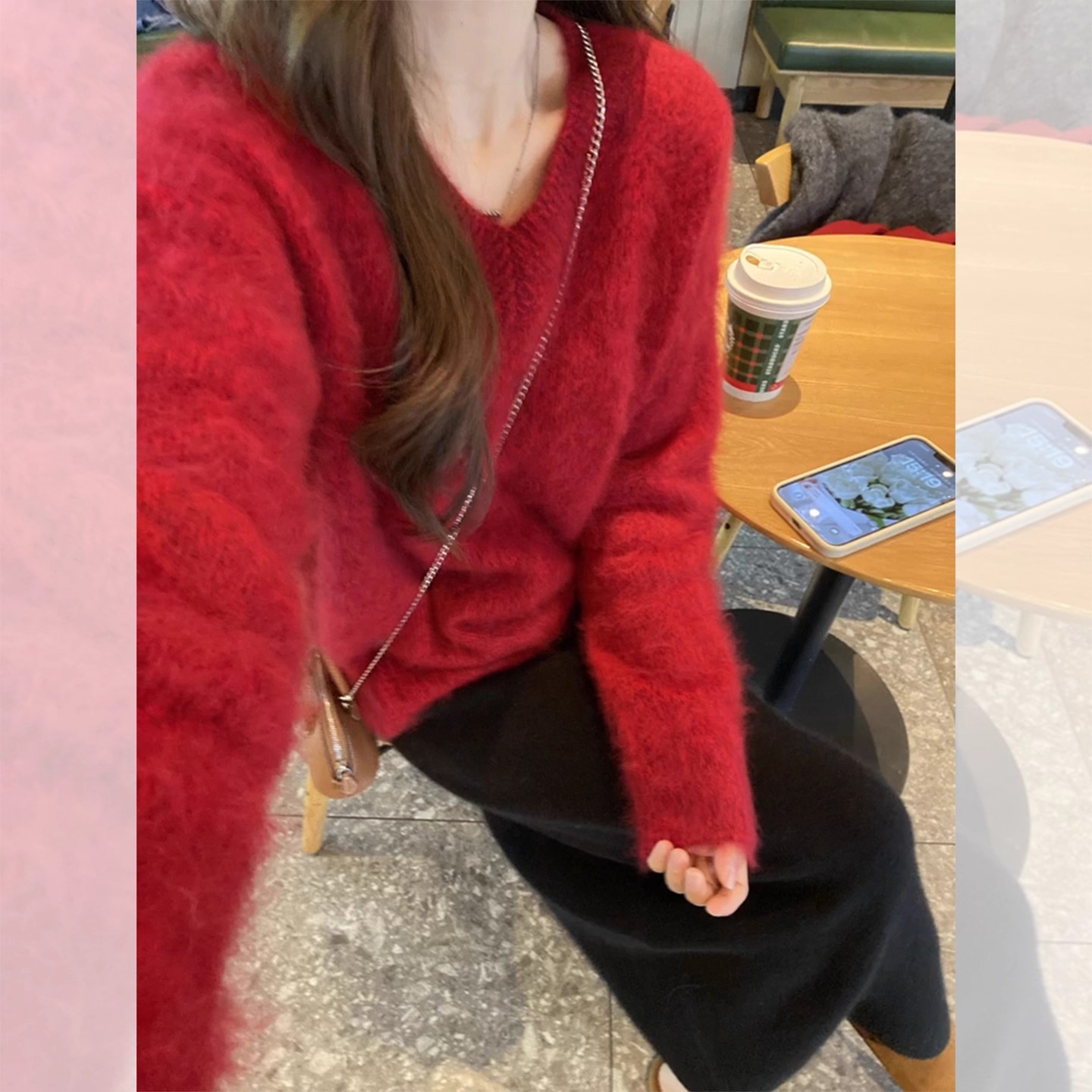 高级感红色仿水貂V领针织毛衣女