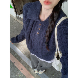 秋冬慵懒麻花Polo领针织衫女冬温柔气质宽松毛衣外穿内搭韩系上衣