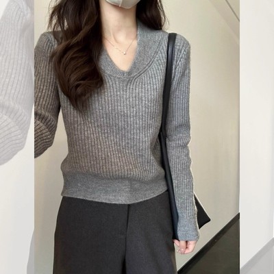 韩系穿搭v领针织打底衫女