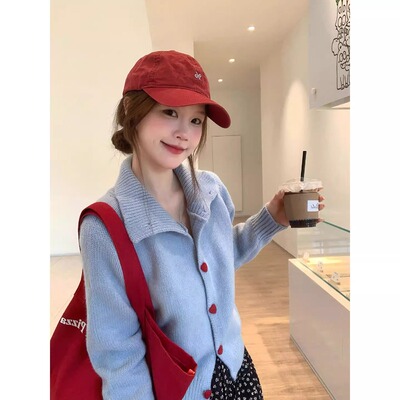 秋冬翻领爱心扣显瘦针织开衫女