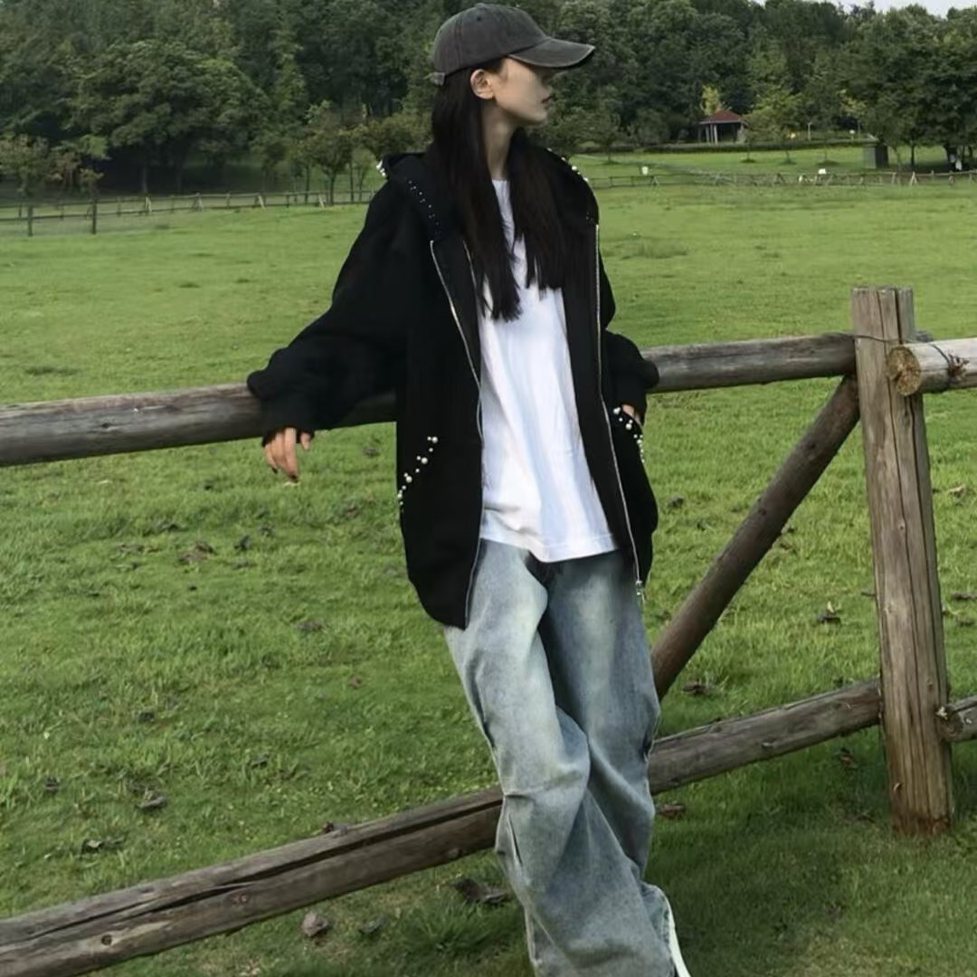 美式黑色连帽钉珠开衫外套女2026秋冬仿水貂巨好看休闲毛衣针织衫