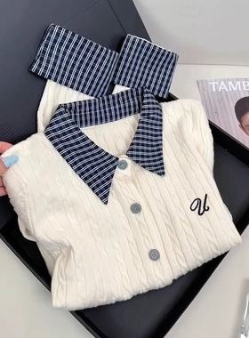 韩系学院风翻领拼接格子假两件针织衫女秋季新款修身显瘦毛衣上衣