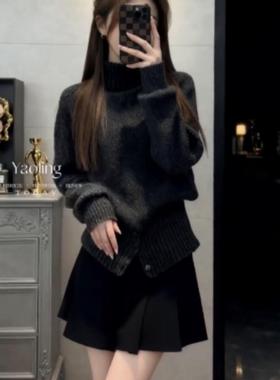 韩系穿搭高领毛衣女秋冬季宽松慵懒高级感软糯加厚内搭打底针织衫