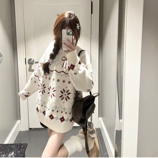 上衣 圣诞穿搭加厚保暖毛线衣长袖 杏色费尔岛套头针织衫 毛衣女冬季