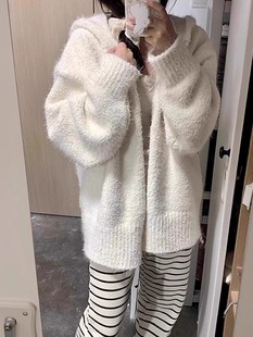 早秋遮肉穿搭软糯连帽毛衣外套女慵懒加厚针织开衫 大码 小个子上衣