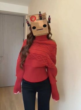 圣诞新年红色高领蝙蝠袖毛衣女秋冬内搭巨好看收腰保暖针织衫上衣