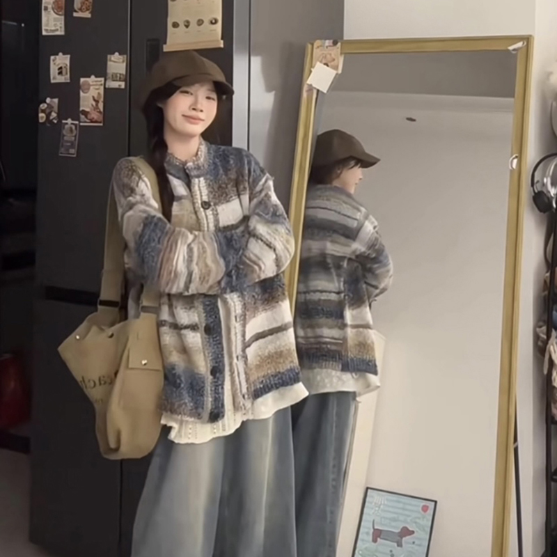 撞色美拉德穿搭复古蓝色条纹毛衣女秋季小众宽松慵懒针织开衫外套