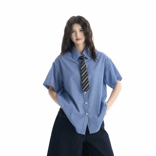 日系复古蓝格子短袖衬衫男女夏季