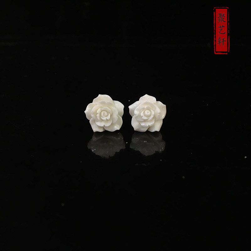 天然猛犸象牙3a冰料玫瑰耳钉女款耳环耳坠925银镶嵌 猛犸雕刻原料