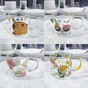 卡通猫咪花卉玻璃杯耐高温带刻度把手食品级高硼硅杯子茶咖啡
