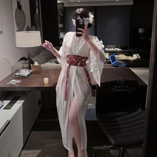 纯欲风日系V领对襟和服氛围感写真半透蕾丝浴袍长款 系带收腰睡袍
