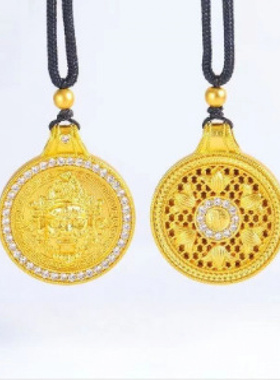 蛇年金店同款古法沙金点钻黄财神吊坠女五路财神之首双面点钻项链