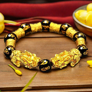 正品沙金双貔貅手链男女通用招财进宝简约沙金色手链水洗久不掉色