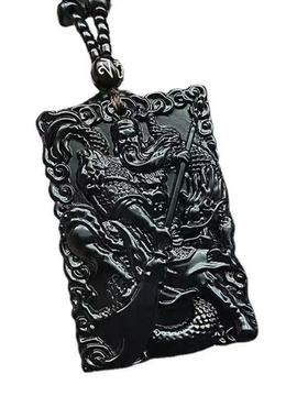 新款黑曜石武财神关羽关二爷双面精雕霸气男士玻璃吊坠长款项链
