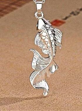 时尚锦鲤黑绳项链银色大鱼海棠吊