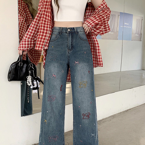 麋鹿少女2025秋装新款胖mm大码显瘦百搭小狗刺绣阔腿牛仔裤