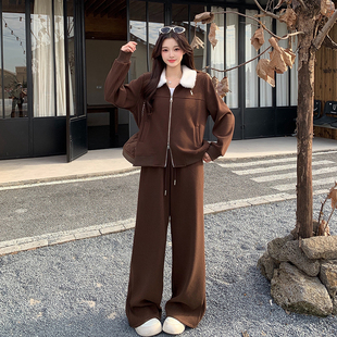 两件套 女休闲加绒加厚翻领外套阔腿裤 麋鹿少女2025冬新款 胖mm大码