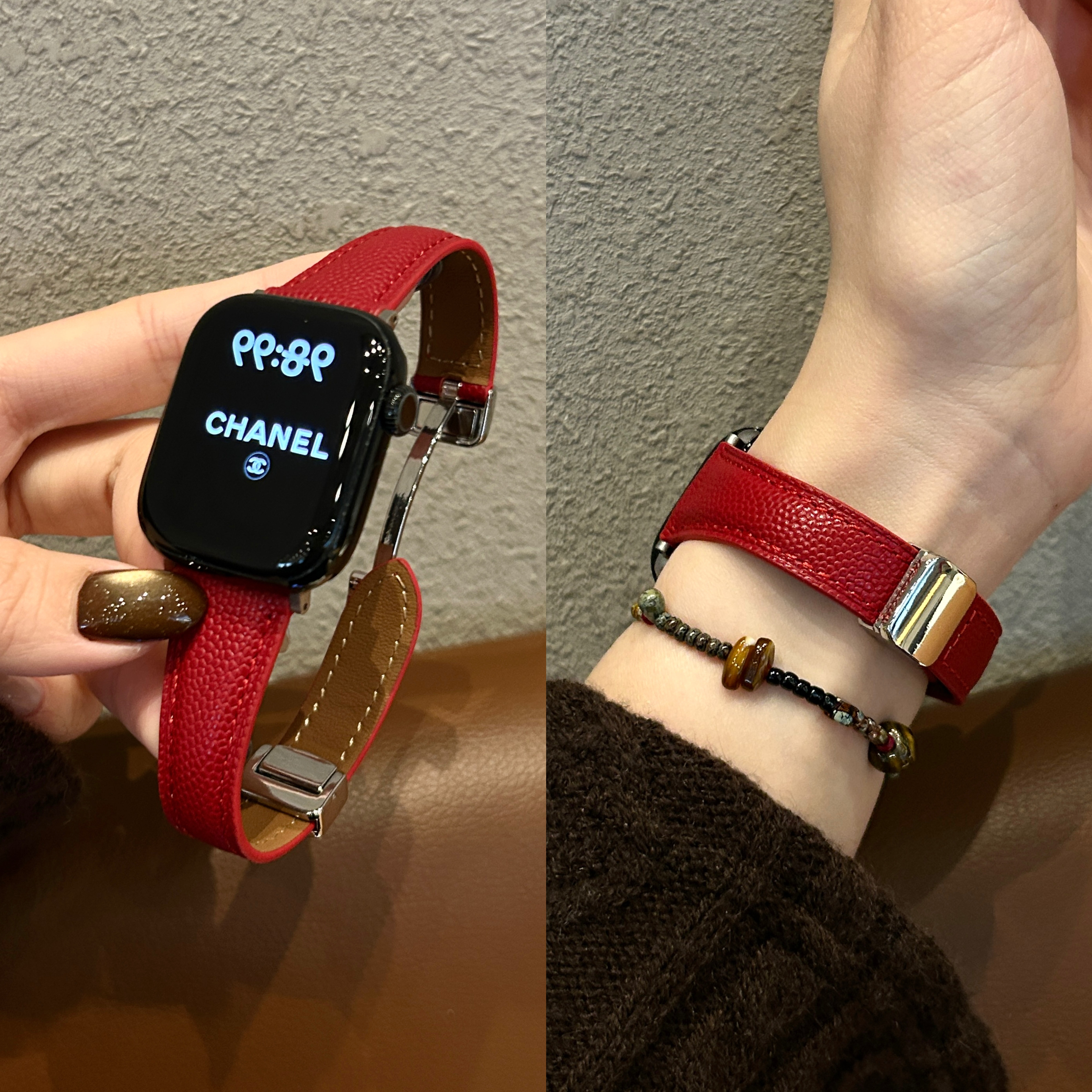 【鱼子酱皮磁吸扣】适用于iWatchS11苹果表带SE女真皮10
