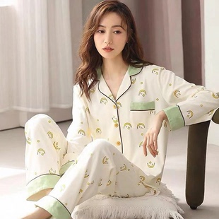 睡衣女春秋纯棉100 家居服长袖长裤开衫可外穿中年青年大码5XL