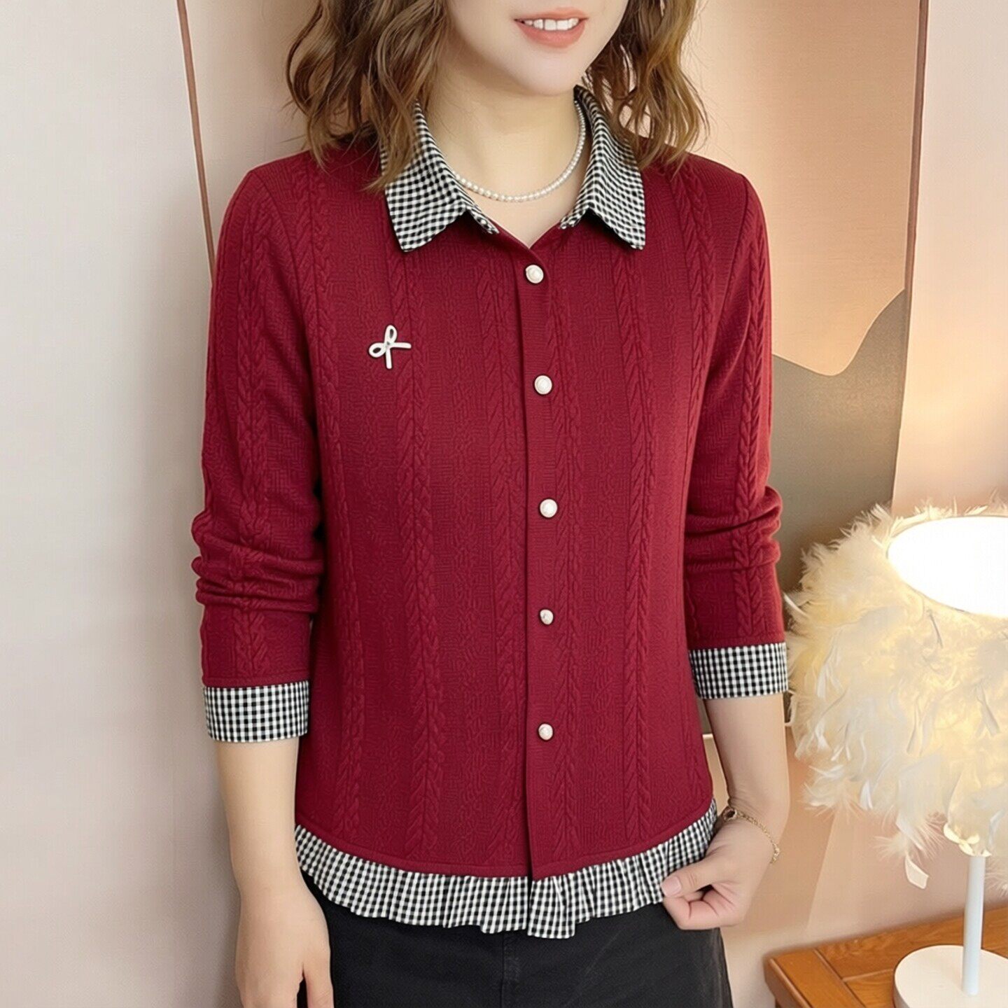 假两件拼接针织麻花衬衫春秋新款格子POLO领撞色洋气减龄女针织衫