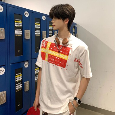 美式旗帜字母撞色印花短袖T恤男女夏季宽松百搭纯棉显瘦小众上衣