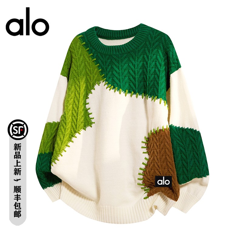 官方奥特莱斯】alo潮牌 撞色线衣秋冬季男款宽松针织衫保暖潮毛衣