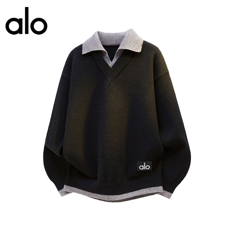 官方奥特莱斯】alo潮牌 秋冬新款翻领针织衫宽松加厚复古休闲毛衣
