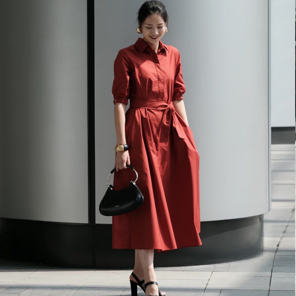 高级松弛连衣裙女2025夏季新款特别漂亮掐腰大码女装红色中长裙子