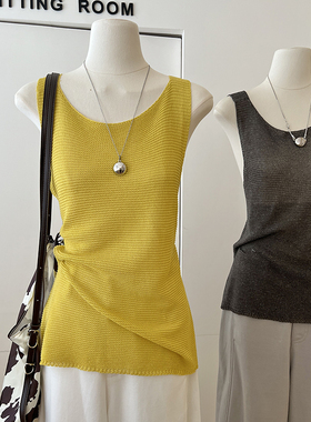 多巴胺黄色镂空针织背心女夏薄款亚麻交叉露背小心机外穿无袖上衣