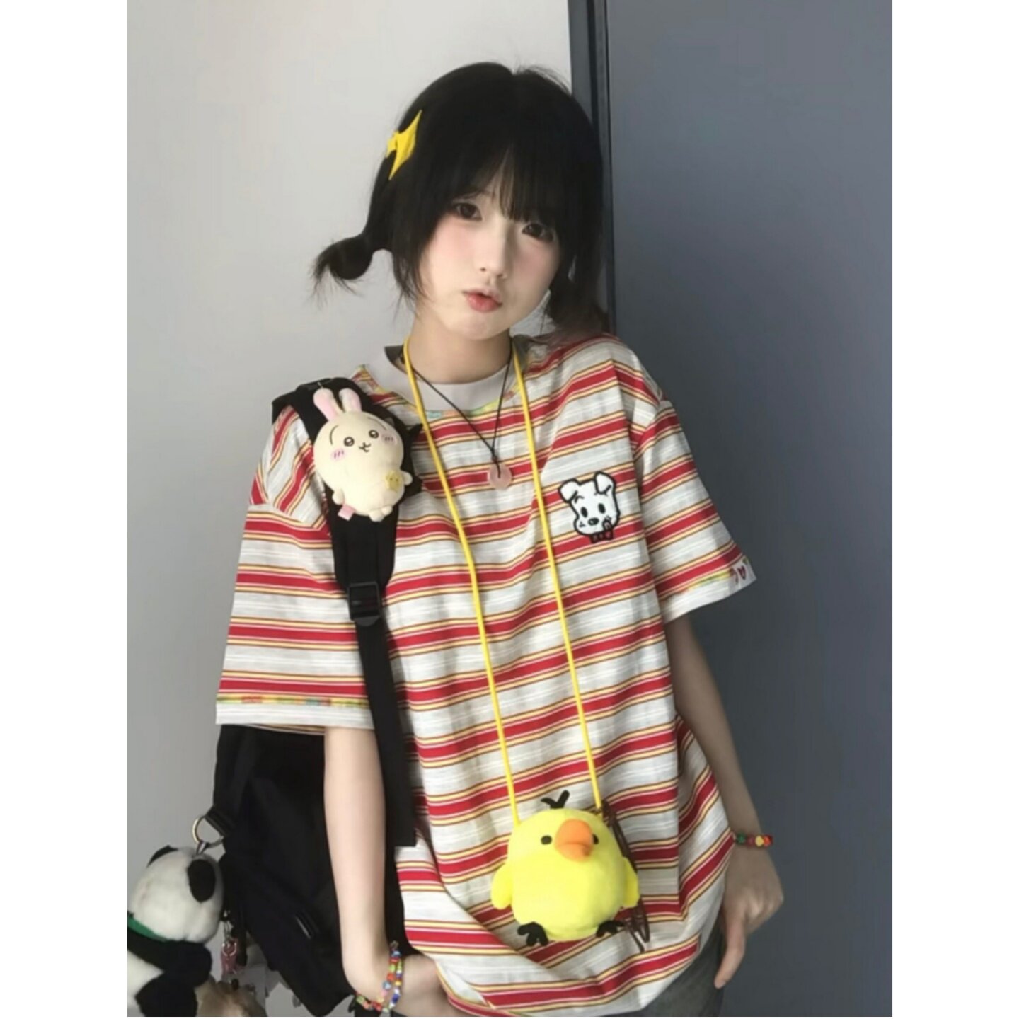 2026复古小狗刺绣撞色条纹T恤女
