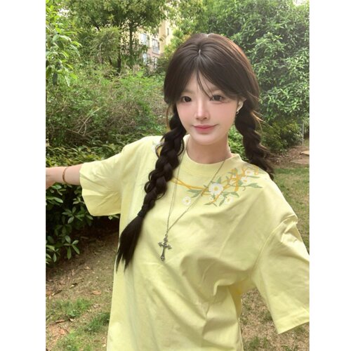 黄色花卉刺绣美式复古短袖T恤女