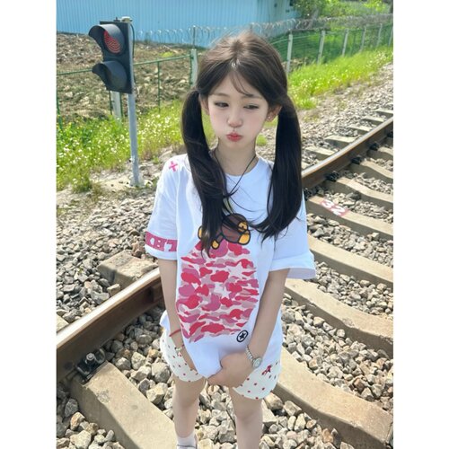 美式高街猴子迷彩短袖T恤宽松女