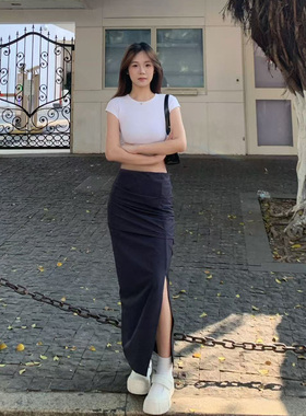 YS媛森新款美式设计半身裙女高腰垂感遮胯显瘦开叉中长款包臀裙子