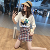 vintage girl Hong Kong flavor printing white Short sleeved 2019 new pattern Summer wear jacket Plaid skirt Two piece set