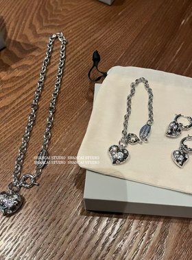 超重工~SHANCAI | 镂空爱心土星项链立体镶钻朋克毛衣链耳环手链