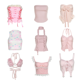 鬼妍jazz爵士舞女团打歌服粉色系短款个性辣妹抹胸吊带系带上衣女