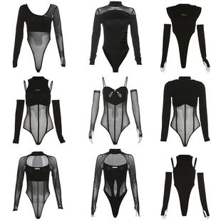 鬼妍JAZZ爵士舞女团打歌服舞台连体衣修身 T恤辣妹女 网纱性感长袖