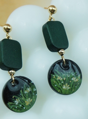 手绘复古墨绿油画耳环小众耳钩原创独特耳环2023新款耳坠莫奈耳夹