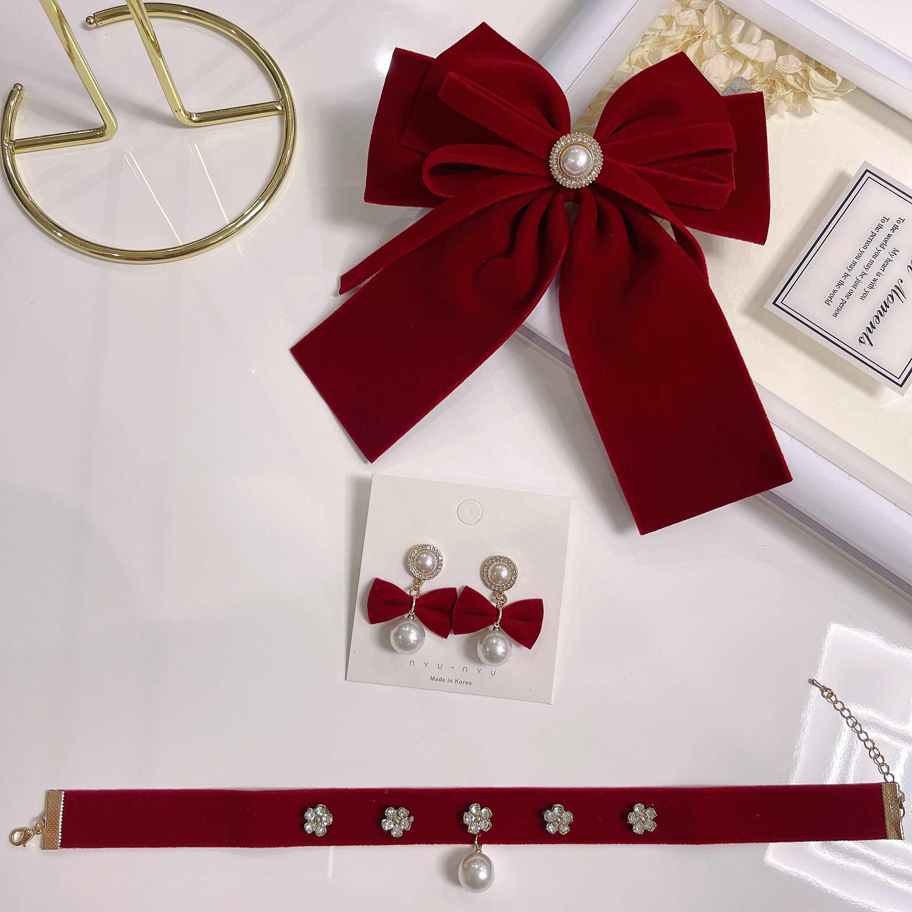 红蝴蝶耳结敬酒头饰饰耳服夹配饰新娘结订婚发色饰品简单大婚气