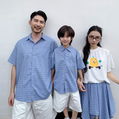 卡通T恤不规则半裙韩版 衬衫 ins 海边度假风蓝色格纹短袖 炸街亲子装