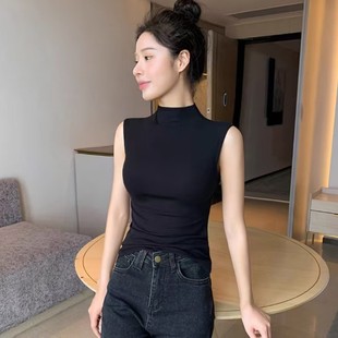 半高领无袖背心女夏外穿2024新款内搭打底衫修身黑色吊带上衣设计