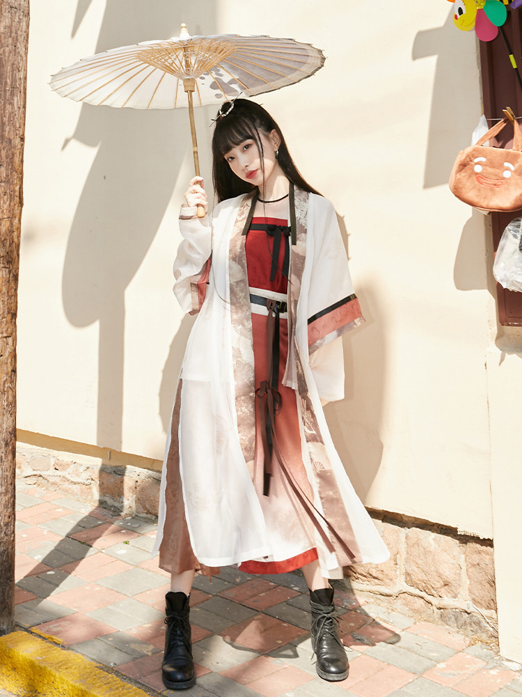 13 YU XIAODAOER [JINANYU] 프린트 더블 브레스티드 긴 셔츠 멜빵이 달린 짧은 셔츠 투피스 스커트 여성용 송나라 HANFU