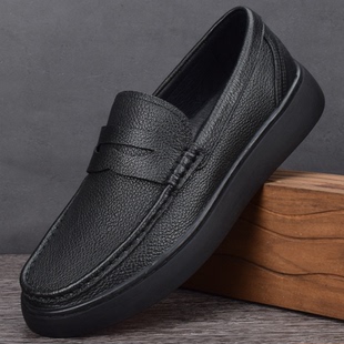 头层羊皮休闲皮鞋男士秋季新款真皮透气商务一脚蹬高端男鞋豆豆鞋