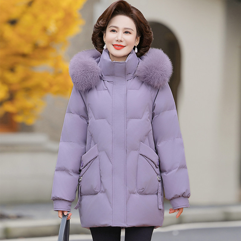 鸭鸭中长款冬季加厚羽绒服女时尚妈妈狐狸毛领宽松中老年保暖外套