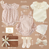 纯棉女宝粉色碎花衣服套装 透气新品 新生婴儿礼盒周岁礼物 薄款 夏季