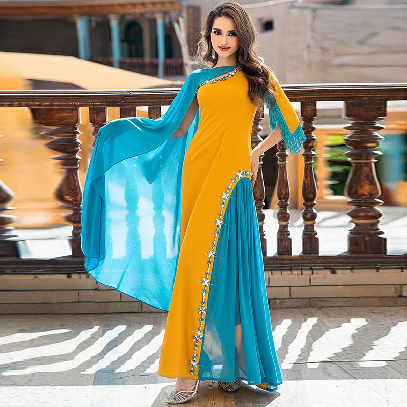 不对称半披肩裙子玻璃钻流苏长袍