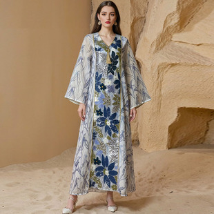 新款民族风回族女装V领印花亮片长袖连衣裙到脚踝土耳其遮肉长袍