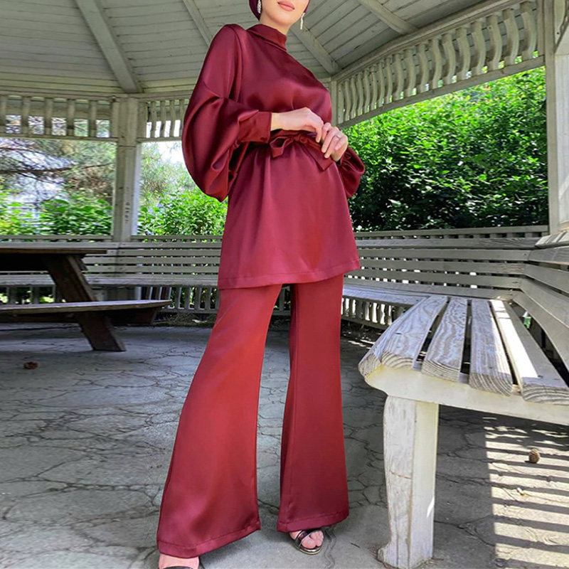 沙特阿拉伯淑女礼服套装系带气质马来西亚服饰上衣裤子两件套长袍