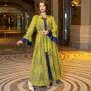 中东巴基斯坦服装礼服女士荷叶袖马来西亚套装连衣裙复古民族长袍
