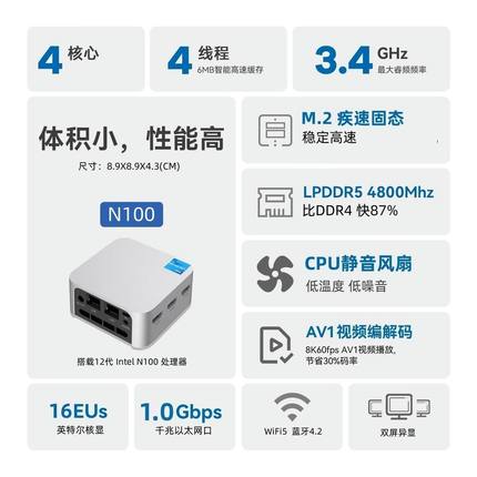 N100 12代处理器迷你主机4核4线程DDR5高频内存畅玩LOL便携办公